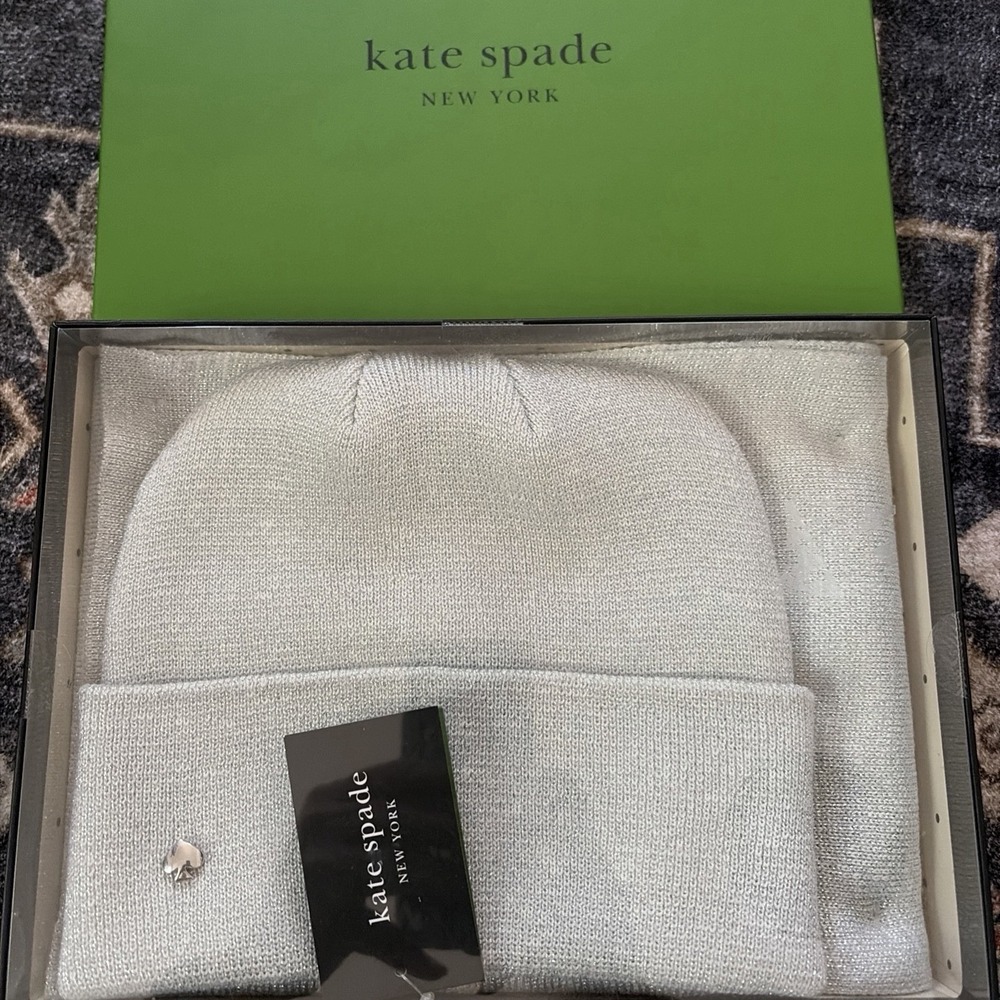 Kate Spade New York Beanie Hat and Scarf Gift Set Silver Gray Gift Box